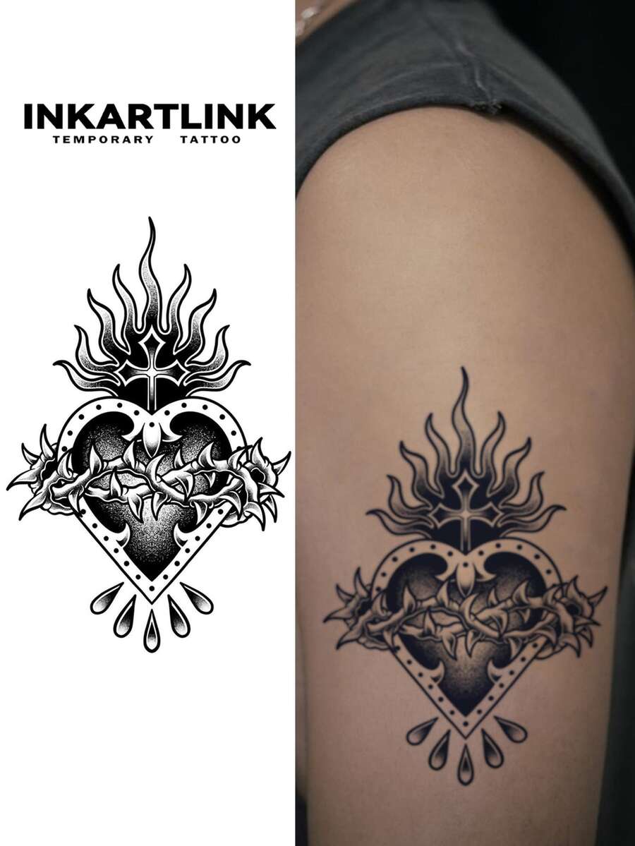INKARTLINK 心形荆棘火焰纹身，革命性技术纹身，半永久纹身，荆棘，逼真纹身，饱含深情纹身，临时纹身，仿真纹身，防水，外观逼真，小众设计纹身，果汁纹身，植物纹身