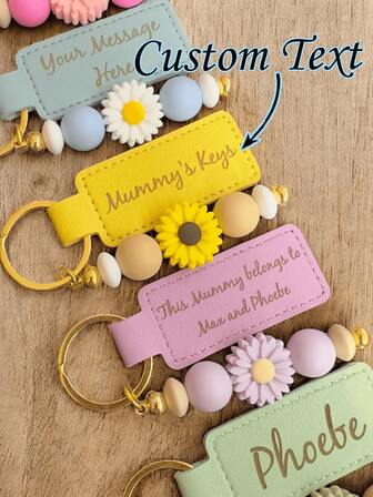 1 قطعة سلسلة مفاتيح جلدية مزخرفة بالخرز على شكل زهرة البابونج، هدية عيد الميلاد، هدية للمعلم، سلسلة مفاتيح مخصصة، هدية عيد الميلاد، هدية محفورة، صداقة