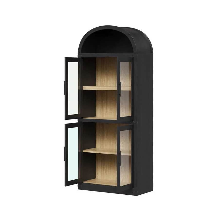 Tall Arched Bookcase With 4 Glass Doors & Open Shelf - Modern Farmhouse Storage Cabinet 72'' - 黑色 - 查看 1