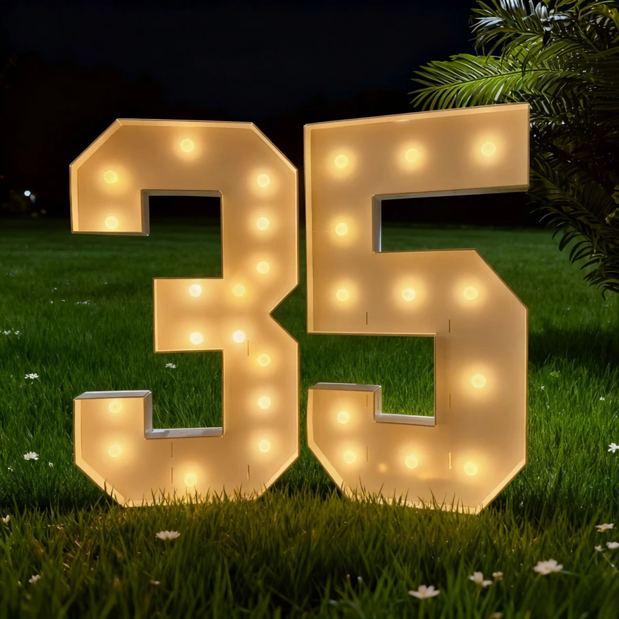 4 pi/120 cm Ensemble de chiffres en bois blanc 0-9 avec des lumières jaune chaud, grande décoration illuminée pour les fêtes, anniversaires, remises de diplômes, intérieur/extérieur - Blanc - Voir 1