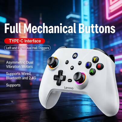 Lenovo Manette de jeu sans fil S02 : gâchettes linéaires à effet Hall doubles + joysticks 3D anti-dérive, technologie à latence ultra-faible, poignée ergonomique incurvée, compatibilité multiplateforme, blanc rétro