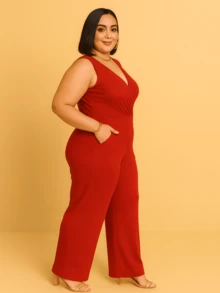 Women's Plus Size Tank Top Jumpsuit, Ribbed And Elastane Fabric, V-Neck, Plain, Wide-Leg Pants, Casual, Chic, Modern Fashion - 鮮紅色 - 查看 2