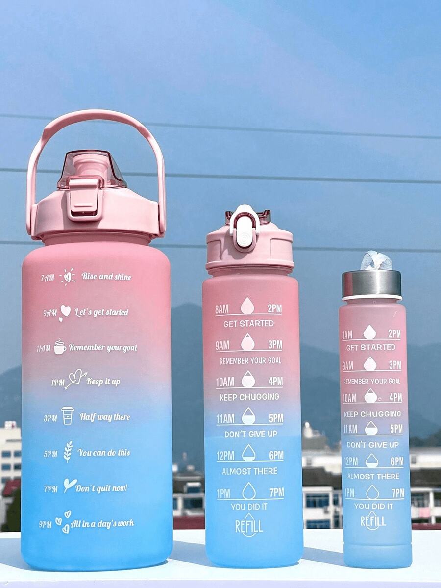 3个装，容量分别为300毫升、750毫升和2000毫升，带时间刻度的励志水瓶套装 - 防漏，PC材质，适用于健身、徒步旅行和露营 - 追踪您的饮水量