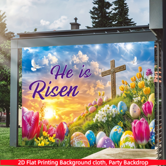 1 pieza, Fondo de banner temático de Pascua en 2D plano, hecho de tela de poliéster, con diseños de cruces, palomas blancas y huevos de Pascua, adecuado para decoración de fiestas de Pascua, decoración de primavera, fondo de boda, cumpleaños, decoración de fiestas, decoración de pared, decoración del hogar/dormitorio/interior/exterior, decoración de jardín, decoración de eventos festivos, accesorios de fondo de fotografía, suministros de decoración de fiestas
