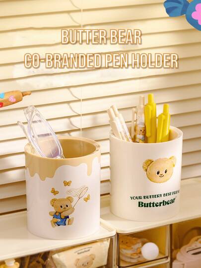 Butter Bear Pen Holder, 2 Styles Available, Kawaii Cartoon Bear Print, Multi-Functional Pen/Sundries Storage Cup, Durable Desk Decor, Ideal for Students/Office Workers, School/Workstation Organizer, Perfect Gift for Lover, Stylish Kawaii Stationery