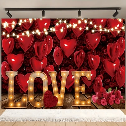 1pc Valentine's Day Happy Background Banner, Featuring Heart-Shaped Balloons And Roses, Made Of Polyester, Is Perfect For Weddings, Birthdays, Valentine's Day, Mother's Day, Baby Portraits, Heart-Shaped Balloon Theme, Festival Decoration Banner, Party Wall Decoration, Indoor/Outdoor Decoration, Home, Garden, Courtyard Decoration, Universal Theme.