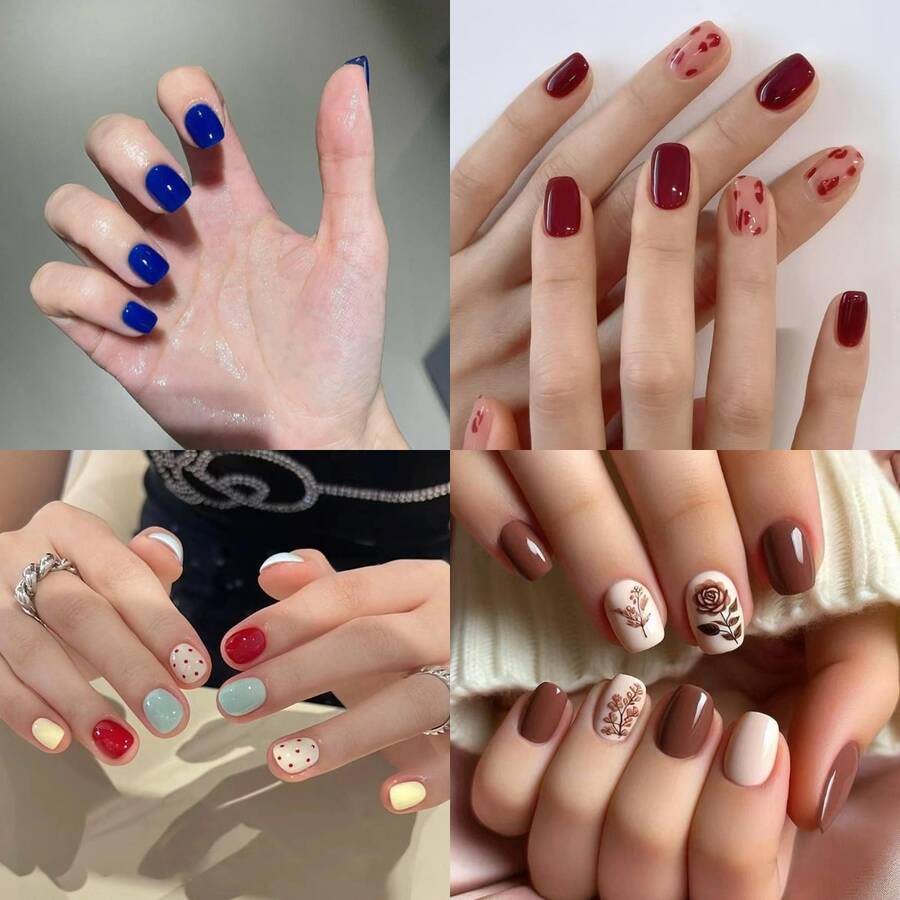 4 Boxes 96Pcs Short Squoval Press On Nails Sweet & Cool Blue Press On Nails, Short Oval False Nails With European Square Tips For Skin-Brightening,  Style Removable Fake Nails For Women & Girls, All Season Wear For Daily, Party, Date.Christmas Nail,Poly Gel Nail Kit,Nail Charm,Christmas Party. - 混合裝633 - 查看 1