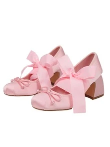 Elegant Cute Womens Ballet High Heels Round Toe Bow Decors Lace Up Block Heel Ballerina Dancing Shoes Party Dressy Occasions Heeled Shoes - Hồng - Xem 9