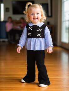 3件套女婴休闲套装，格子长袖衬衫搭配马甲外套和喇叭裤，适合日常休闲和户外穿着，夏季 - 藍色 - 查看 10