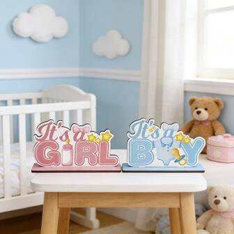 1 Set de decoración de escritorio de madera para niño o niña, decoración de escritorio para revelación de género, letrero de escritorio con base para niño y niña, pieza central decorativa de madera para bandejas escalonadas, útiles escolares