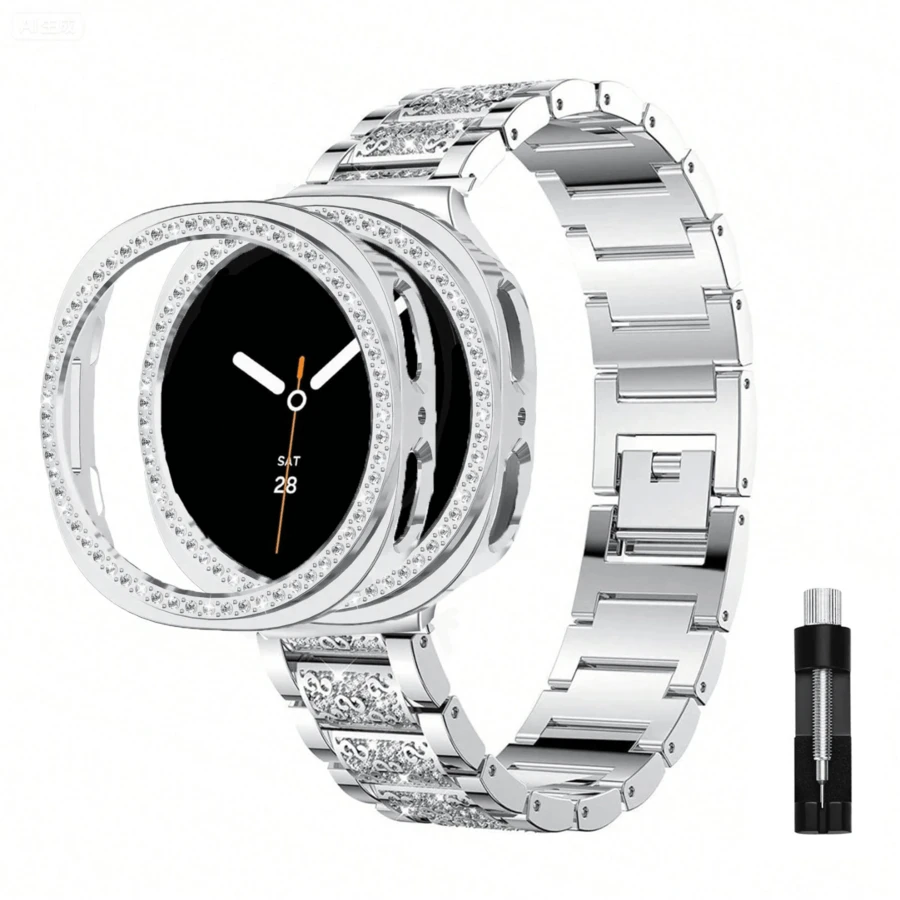 1pc Jewelry Shiny Diamond Metal Formal Watch Band + 1pc Shiny Watch Case (Screen Protector Not Included), Compatible With Galaxy Watch 8 40mm & 44mm, Fits Galaxy Watch 8 Bands, Adjustable Replacement Strap Accessories, Unisex, Compatible With Galaxy Watch 7 40mm & 44mm - Silver - View 1