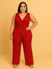 Women's Plus Size Tank Top Jumpsuit, Ribbed And Elastane Fabric, V-Neck, Plain, Wide-Leg Pants, Casual, Chic, Modern Fashion - 鮮紅色 - 查看 1
