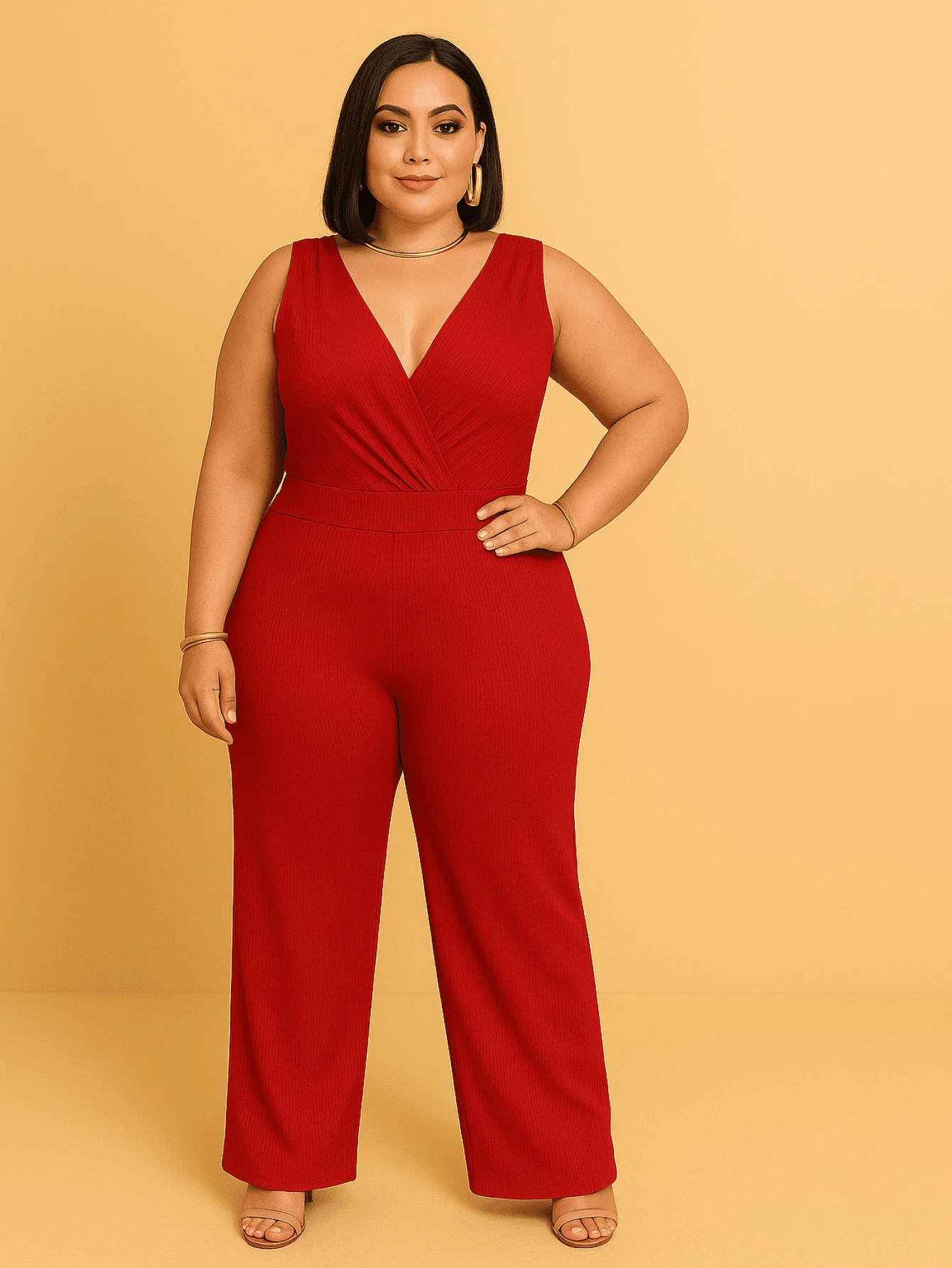 Women's Plus Size Tank Top Jumpsuit, Ribbed And Elastane Fabric, V-Neck, Plain, Wide-Leg Pants, Casual, Chic, Modern Fashion - 鮮紅色 - 查看 1