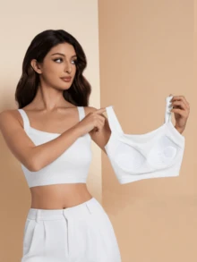 1件装女士固定衬垫运动文胸，无钢圈无缝抹胸式，白色