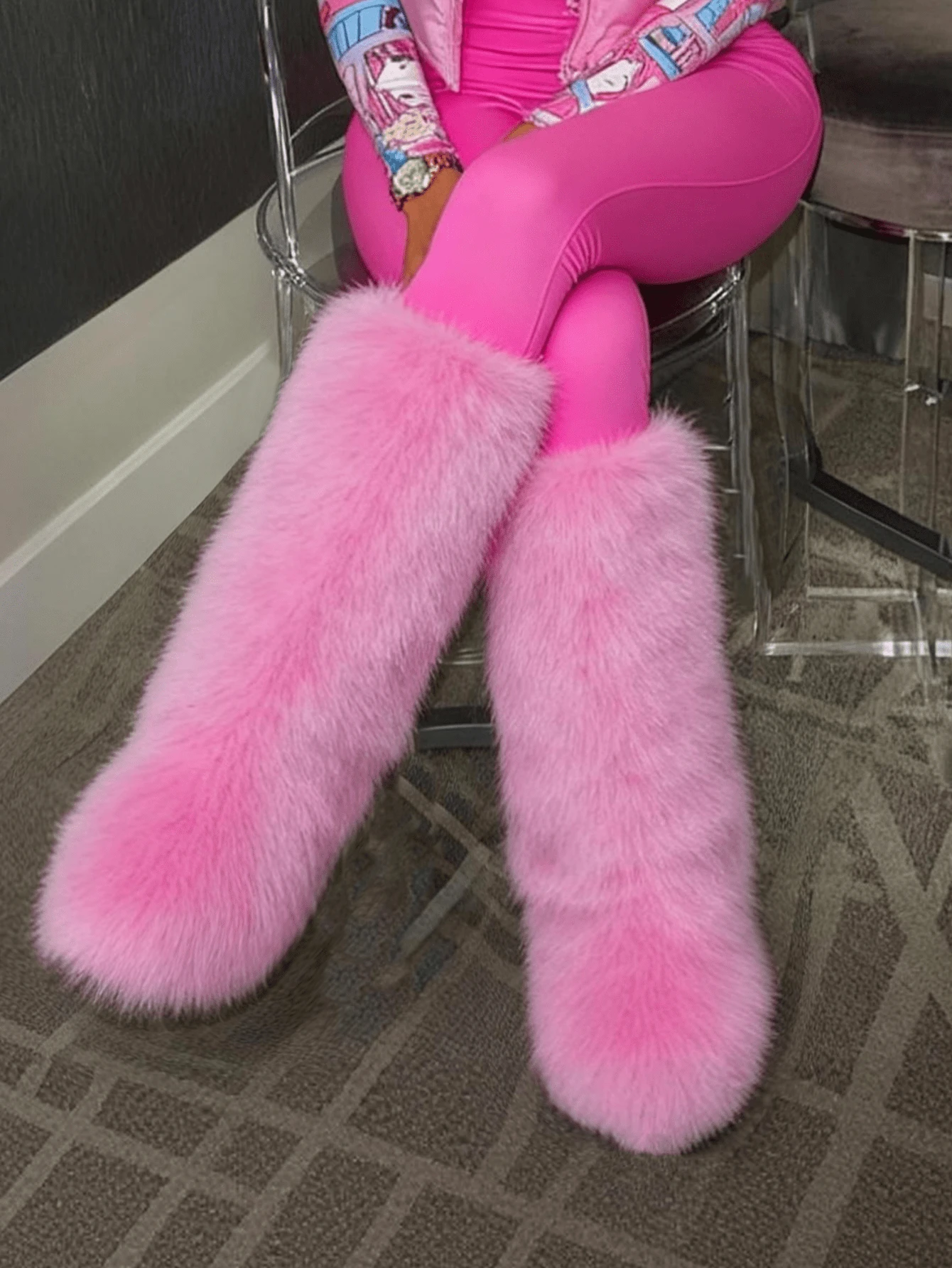 EdgyElongate Women's Winter Christmas Fur Boots Fuzzy Fluffy Round Toe Suede Booties Flat Heel Slip On Furry Snow Boots Fashion Warm Fluffy Shoes - Hồng dài - Xem 1