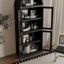 Tall Arched Bookcase With 4 Glass Doors & Open Shelf - Modern Farmhouse Storage Cabinet 72'' - 黑色 - 查看 7