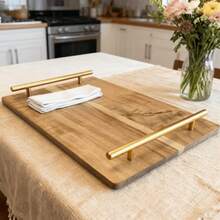 1pc Vintage Wooden Flat Tray With Black Handle, Woodgrain And Brushed Metal Finish, Minimalist Design. Suitable For Breakfast, Coffee, Snacks, Parties, Dining, Entertainment And Decoration, Vintage Centerpiece Decor, Serving Tray, Coffee Table Tray And Storage Tray, Ideal Gift For Holidays, Kitchen Accessory, Kitchen Supplies, Decorative Tray (Solid Wood) - Ginger - View 7