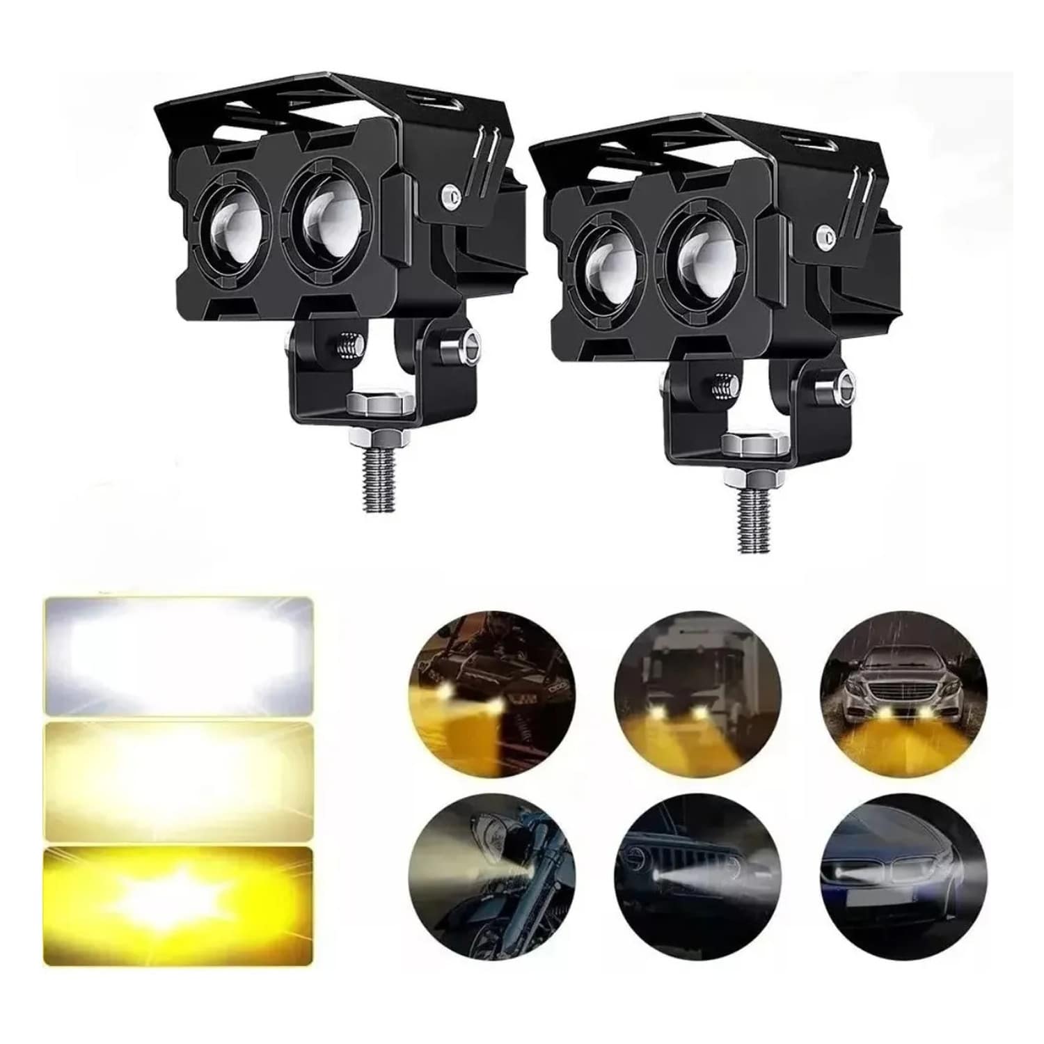 2 Pieces Auxiliary Headlights Dual Color Magnifying LED Lights For Car Motorcycle - Black - View 1