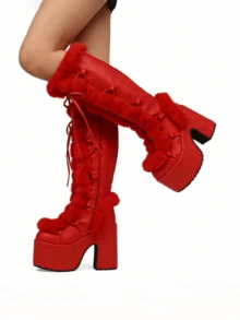 Knee High Boots For Womens Side Zipper Warm Faux Fur Platform Chunky Heel Punk Goth Walking Winter Snow Boots - Đỏ - Xem 6