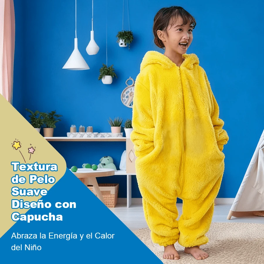 Pijama Invierno Niño Mono Animal Peluche Amarillo - Capucha Cartoon Cremallera Calentito Disfraces Navidad Halloween Regalo 3-12 Años - Amarillo - Ver 1
