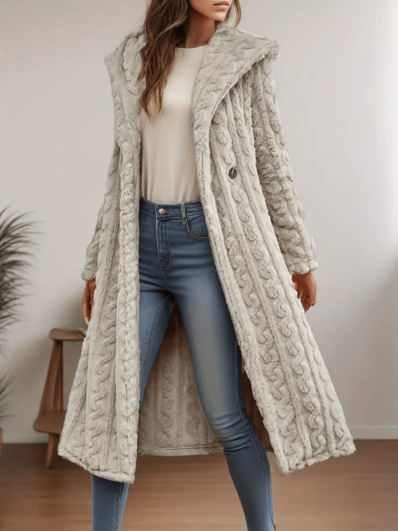 Women Casual Long Sleeve Collar Long Fabric Trench Coat - 杏色 - 查看 1