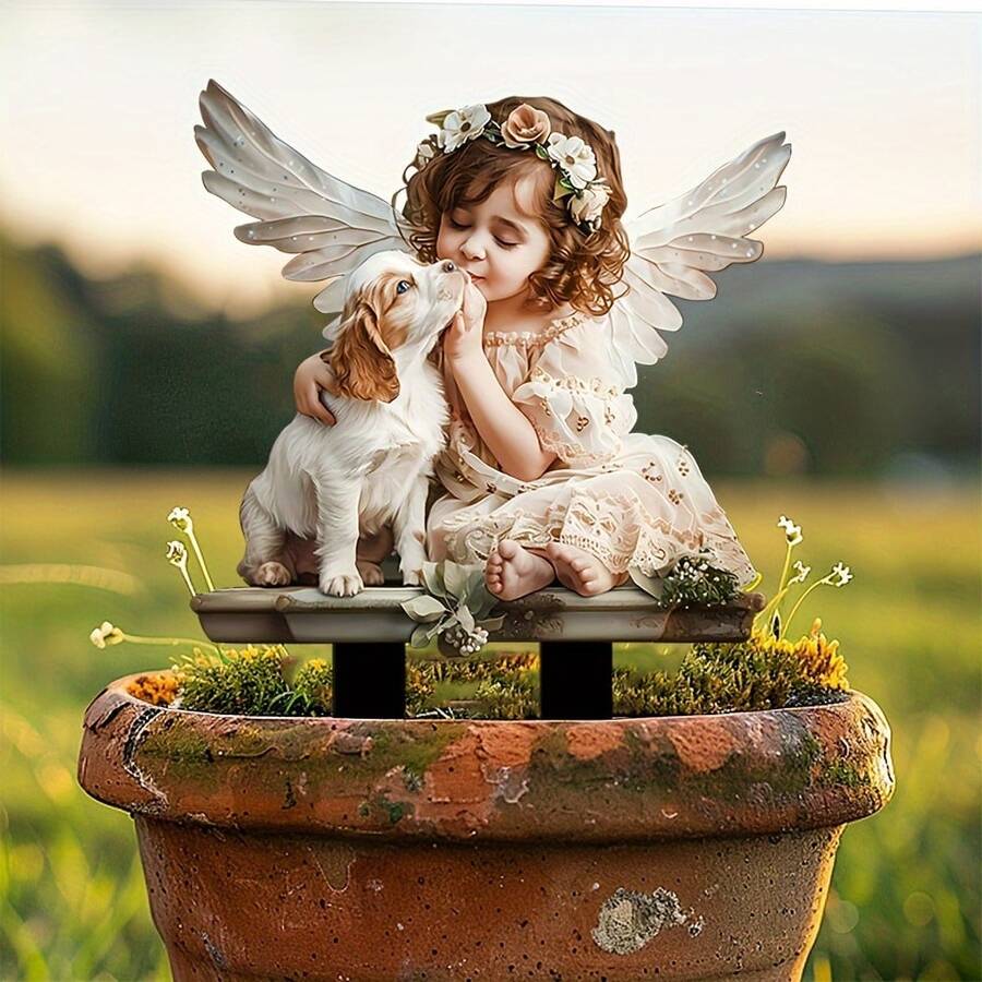 Bezaubernde Engel- und Welpen-Acryl-Gartenstecker - Outdoor-Dekoration, Terrassen- und Rasenfänger, ideal für Bepflanzung und Gartengestaltung - Verschiedenfarbig - Übersicht 1