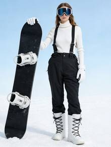 1 双女式宽松滑雪裤，带可调节背带，可机洗，适合户外活动，冬季滑雪裤，滑雪装备，寒冷天气服装，运动裤，加固结构，功能性滑雪裤，雪地装备，运动裤，连体滑雪服 - 黑色 - 查看 2