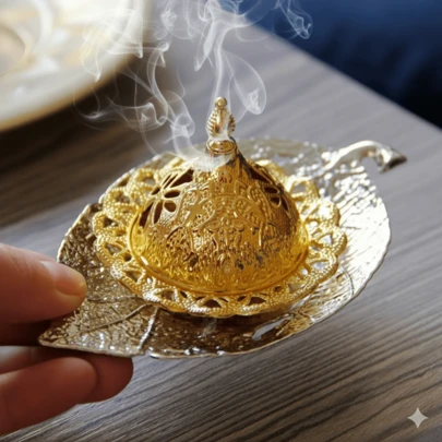 Bộ 1 lư hương mạ vàng cao cấp, lư hương Mabkhara, lư hương Oud, lư hương Bakhoor. Thích hợp sử dụng trong nhà và ngoài trời, liệu pháp hương thơm, lư hương Ramadan, quà tặng Ramadan, lễ hội.