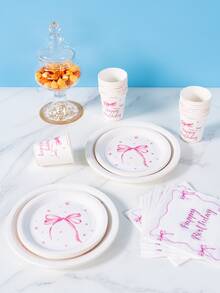 Pink Bow Theme Birthday Party Disposable Plates, Napkins, Cups, Tablecloth And Banner Set, Party Supplies Set Suitable For 8 Guests, Disposable Paper Plates For Birthday, Wedding, Theme Party, Family Picnic