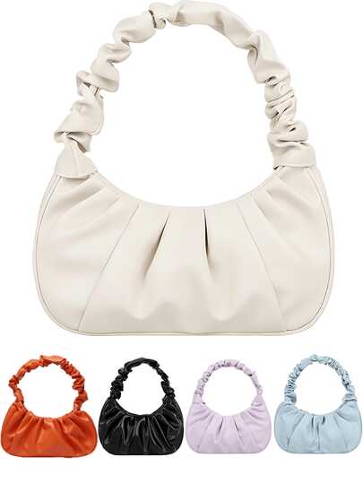 迷你时尚纯色褶皱手提包，多功能女士云朵/月牙形单肩包/腋下包，时尚女式手提包，简约方形包，适合青少年、女大学生、年轻职业人士和上班族，完美适用于办公室、大学、工作、商务、通勤、户外、旅行、野餐等各种场合，是度假必备单品。