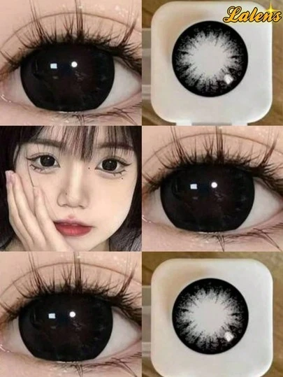  Lalens 1 Pair Colored Contact Lenses - Black 14.5mm Annual Disposable, Enlarging Effect, Gradual Transition Small Pupil Design, Natural Eye Makeup, Comes With Case, Suitable For Summer/Autumn/Winter/Holidays/Travel/Campus/Party/Y2K Fashion