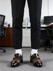 优雅黑色漆皮低跟礼服鞋 - 设计精致，采用优质PU材质，纽扣闭合，款式百搭，适合婚礼、派对和办公场合。 - 棕色 - 查看 14