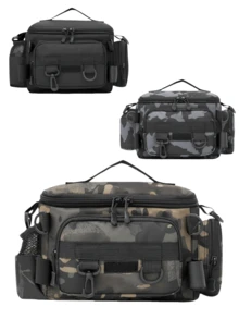 1个多隔层防水钓具包，迷彩和几何图案可选，纯色可选，拉链封口，肩带。是户外徒步、露营和钓鱼装备收纳的理想之选。