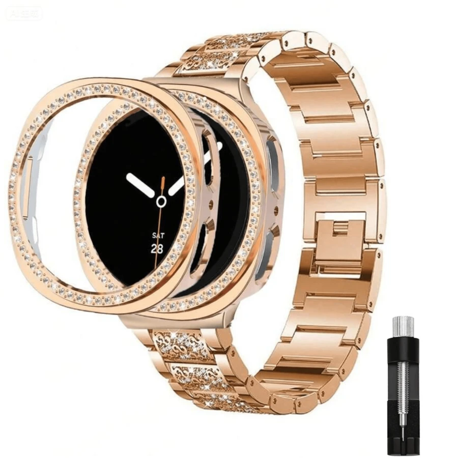 1 Set Jewelry Rhinestone Metal Watch Band + Shiny Watch Case For 40mm/44mm Galaxy Watch 8, Compatible With Galaxy Watch 8 Strap, Adjustable Replacement Watch Band Accessories, Unisex Sports Watch Band