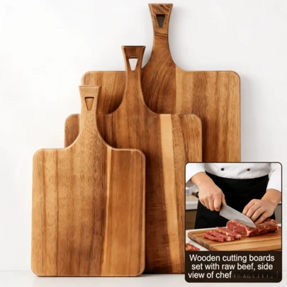 Heavy Duty Thick Handle Wooden Cutting Board | Wooden Tray | Long Handle Acacia Wood Cutting Board | Kitchen Cutting Board | Cutting Board | Afternoon Tea Pastry Dessert Tray | Vegetable Chopping Board, Household Long Rectangular Wooden Cutting Board | Kitchen Supplies