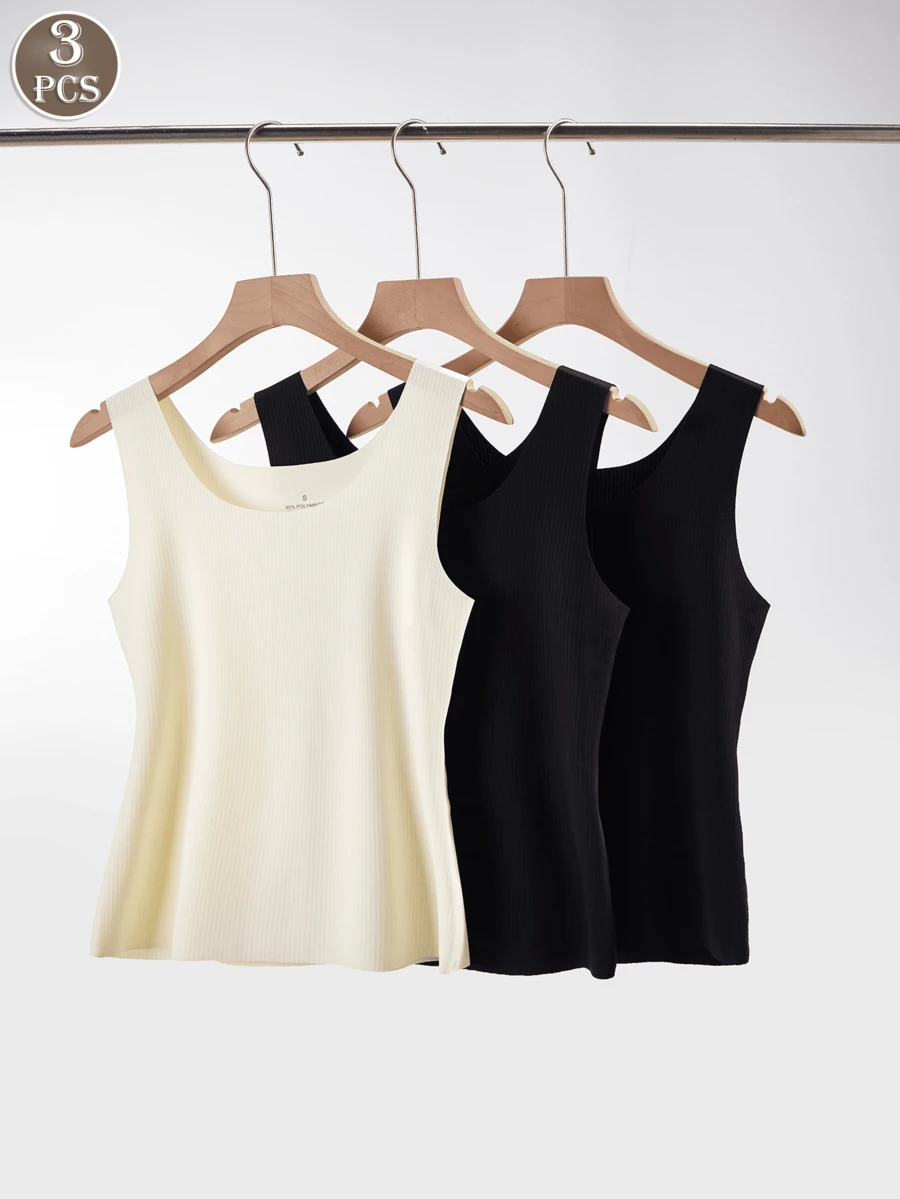 3PCS Women Cool Striped Solid Camisoles, Sleeveless Round Neck, Wide Straps, Unlined, Stylish Outerwear Comfy Casual Backless Base Underwear - Multicolor - View 1