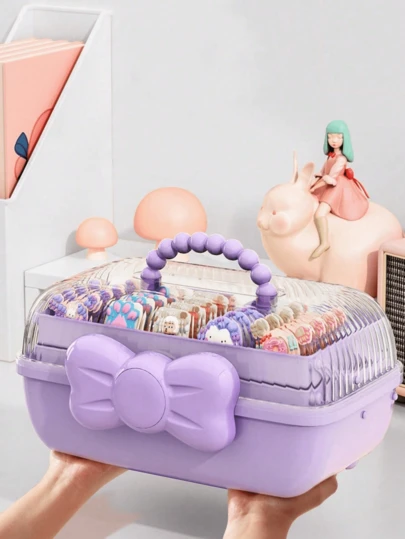 1 pieza Organizador de accesorios para el cabello: Caja de almacenamiento de 3 niveles con divisores, cierre con forma de lazo y asa de transporte | Gran capacidad | Almacenamiento rosa o morado para horquillas, tarjetas de felicitación, pegatinas y manualidades | Regalo perfecto para niñas.