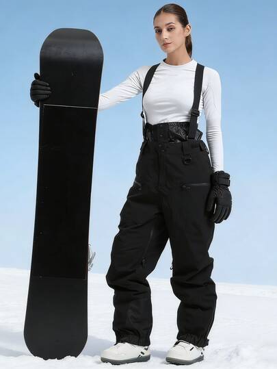 1pc Women's Warm & Breathable Ski Bib Pants, With Zipper Pockets On Both Sides, Detachable Waistband, Adjustable Elastic Straps, Outdoor Ski Pants