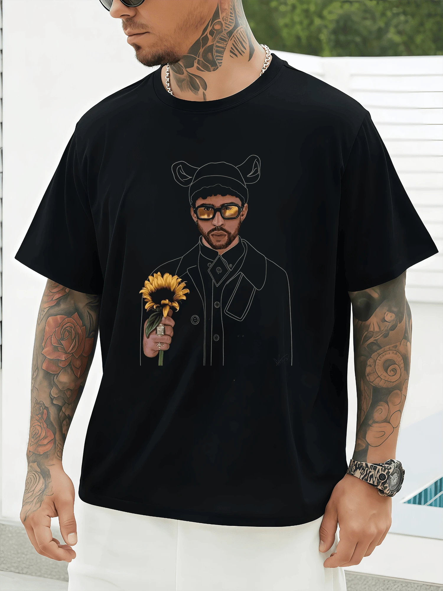 Bunny Ear Hat & Girasol Retro algodón gráfico verano manga corta oscuro dulce camiseta fresca - Negro - Ver 1