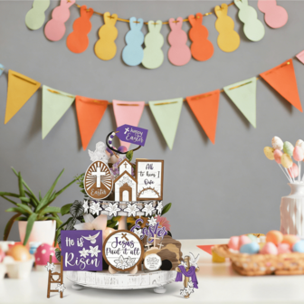 1 Set Easter Multi-Tier Tray Decor, Wooden Cross Tabletop Sign For Jesus Resurrection, Easter Blessings Jesus Decoration, Purple Church Nativity Floral Egg Centerpiece, Suitable For Kitchen, Home Gathering, Farmhouse Style (Tray Not Included)