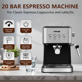 AEOMJK Espresso Coffee Machine With Powerful Steam Wand For Milk Frothing, Capable Of Making Latte, Cappuccino, Espresso, 20 Bar Semi-Automatic Coffee Maker, Removable 1.5L Water Tank, UK Plug