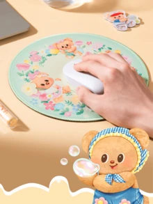 Butterbear圆形柔软腕托鼠标垫，毛绒质感表面，精致缝线，可爱Butterbear图案，温暖的粉彩色调（黄色/浅绿色），是青少年日常装饰和办公室/家庭桌面布置的理想之选，Butterbear粉丝收藏品，送给女朋友的可爱礼物 - 彩色 - 查看 7