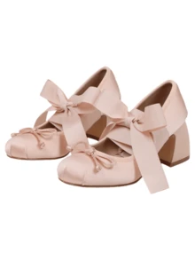 Elegant Cute Womens Ballet High Heels Round Toe Bow Decors Lace Up Block Heel Ballerina Dancing Shoes Party Dressy Occasions Heeled Shoes - 杏色 - 查看 5