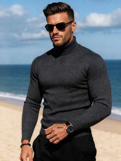 Jersey de punto de cuello alto de unicolor casual para hombre, otoño/invierno