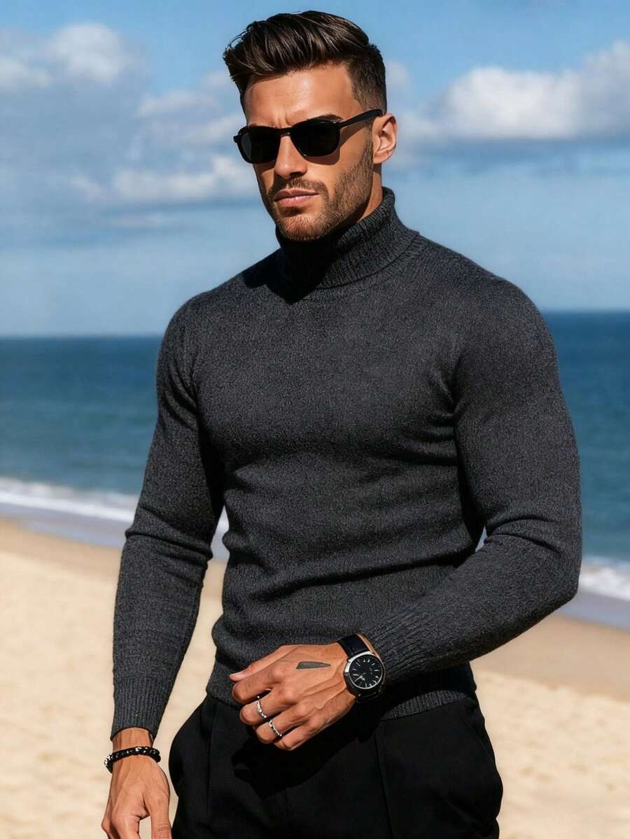 男士休闲纯色高领针织衫，秋冬季 - 深灰色 - 查看 1