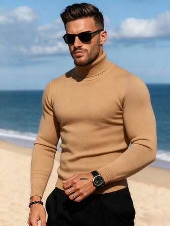 Erkekler için Günlük Kullanıma Uygun Düz Renk Balıkçı Yaka Örme Kazak, Sonbahar/Kış