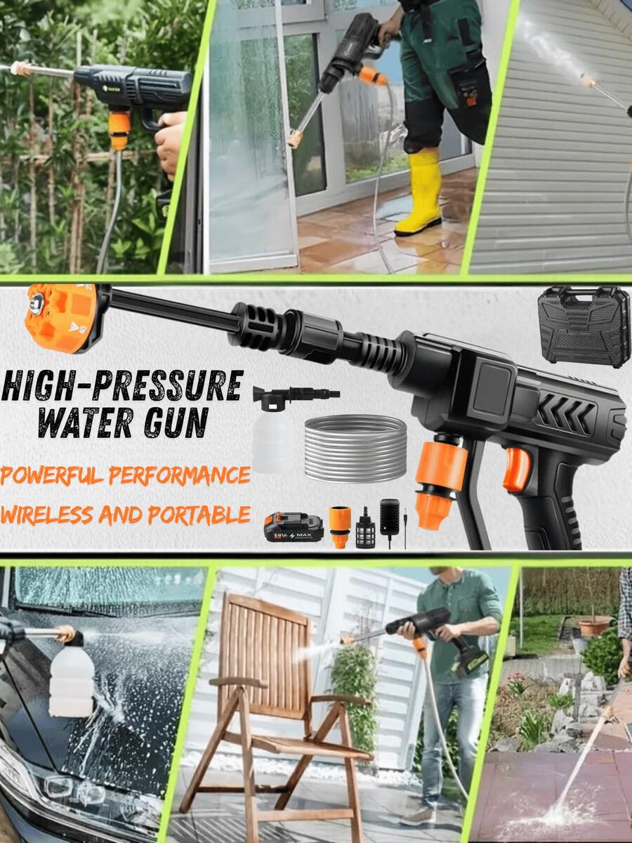 1pc Wireless Portable High-Pressure Water Gun - Outdoor Car Washing Tool, Powerful Performance, Multi-Gear Adjustable, Can Strongly Clean Car Stains, Also Can Be Used For Watering Plants, Cleaning Floors, Etc. Suitable For Car Washing, Yard Cleaning, Home Cleaning And Many Other Scenarios, Versatile Function! The Best Assistant For Your Home Cleaning!