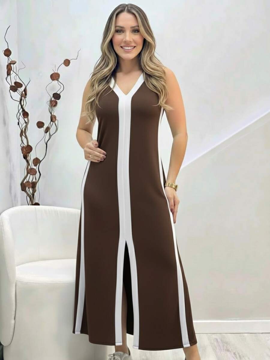 Long Knit Dress With V-Neck, Tank Top, Two-Tone Stripes And Slit, Comfortable, Loose Fit, Elegant Dress. - 棕色的. - 查看 1