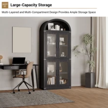 Tall Arched Bookcase With 4 Glass Doors & Open Shelf - Modern Farmhouse Storage Cabinet 72'' - 黑色 - 查看 8