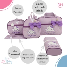 Let Baby Kit 5 Peças Bolsa Mala Maternidade Nuvem Grande C/ Trocador e Mochila Várias Cores Menino ou Menina - Lilás c/ Laços de Luxo - Visão 3